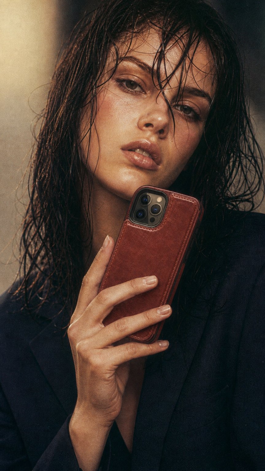 AI product shot of Leather Wallet Case for iPhone