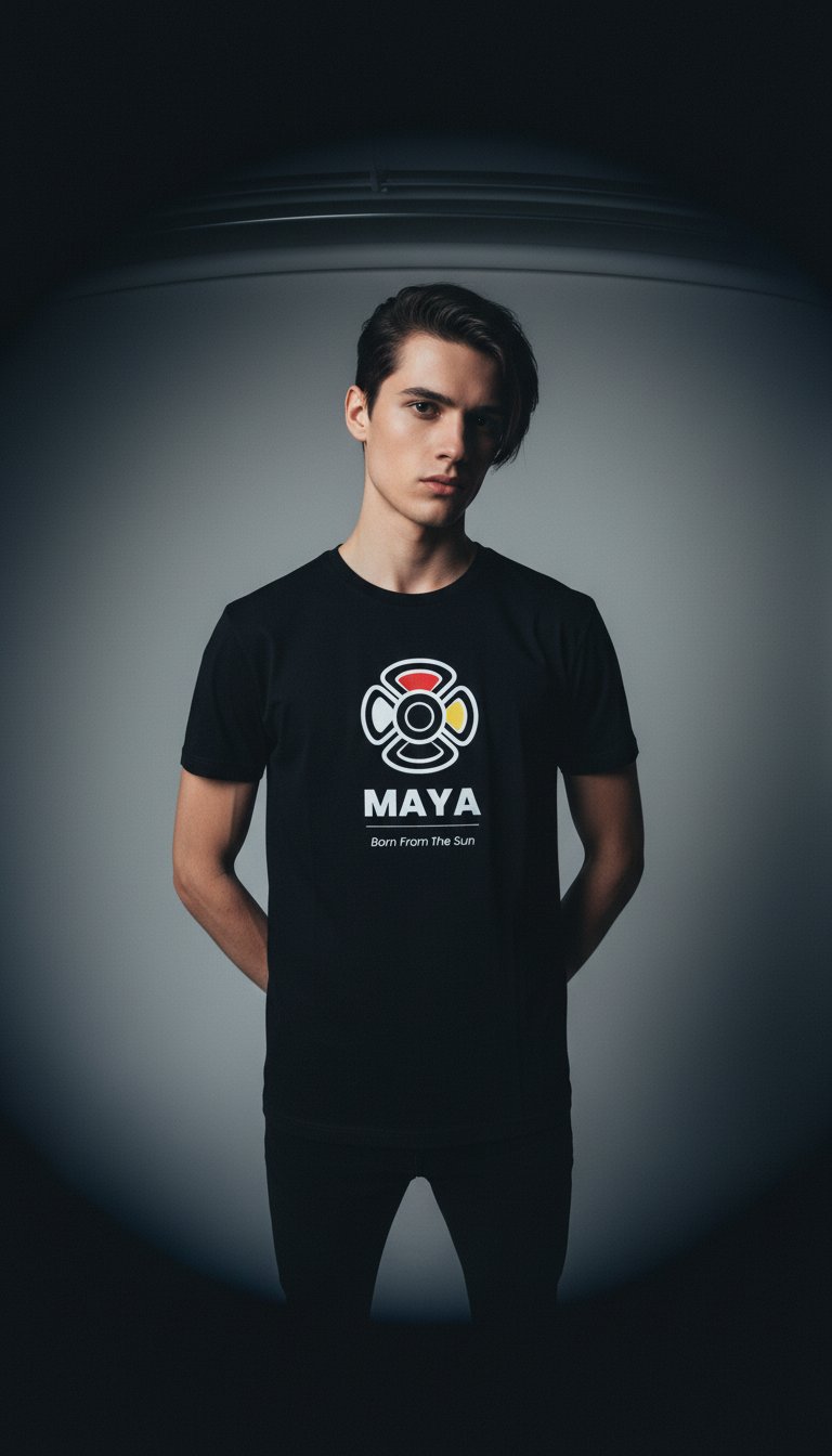 AI product shot of MAYA “Born from the Sun” Tee | Mayan Sun Symbol Design (Flor Maya) | Premium Streetwear Unisex Shirt