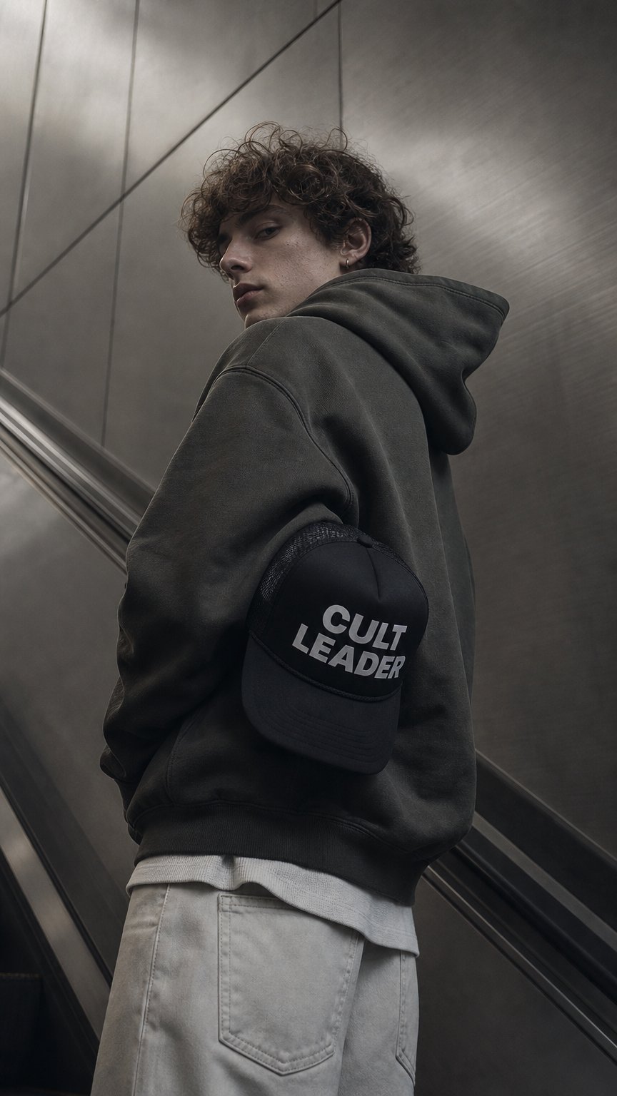 AI product shot of 'Cult Leader' Black Foam Trucker