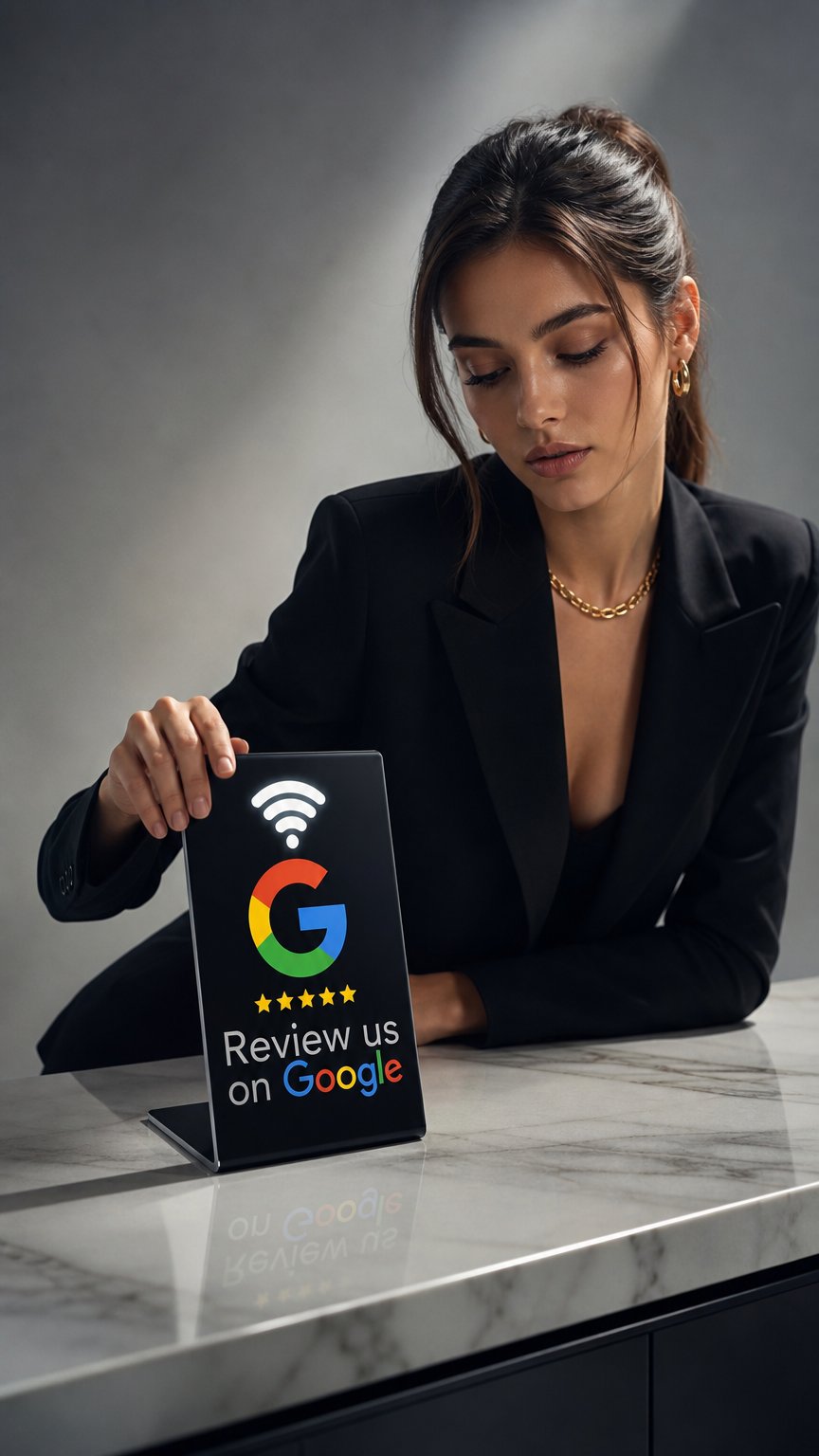 AI product shot of TapZilla NFC Google Review Stand – Get More Customer Reviews