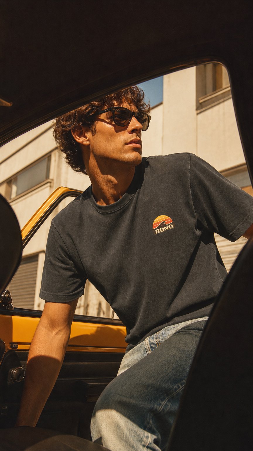AI product shot of T-shirt noir vintage HONO Surf – Black Rock