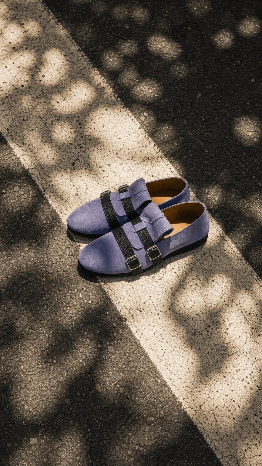 AI product shot of BELT SHOES WHITE LILAC