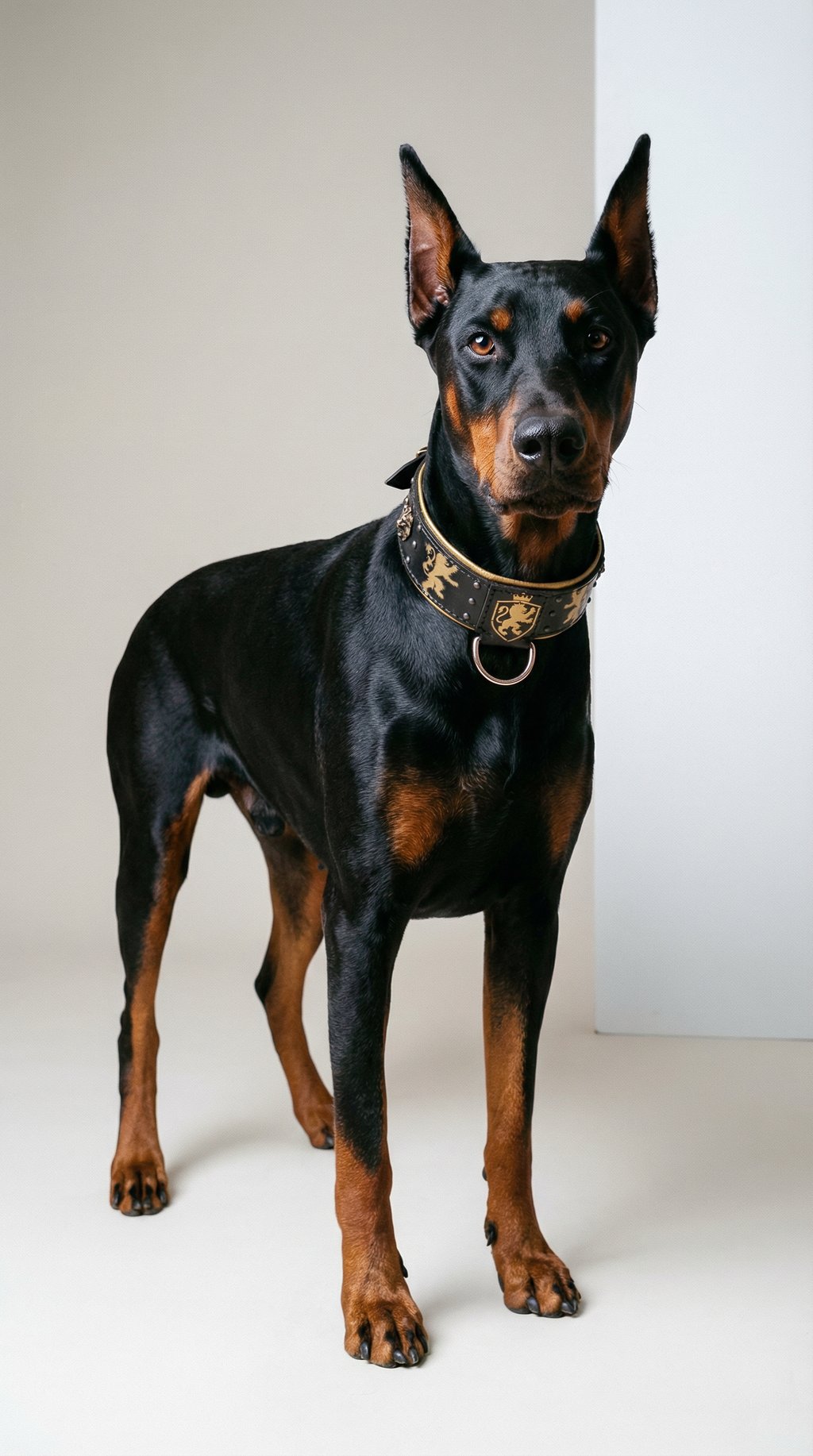 AI product shot of Heraldic Lions Leather Dog Collar