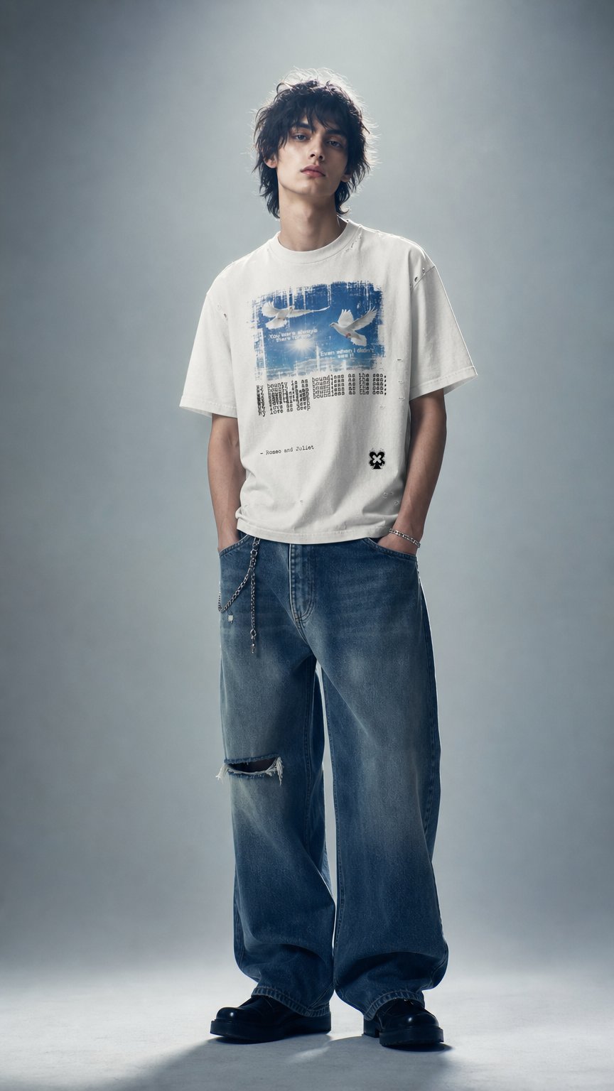 AI product shot of White doves Frayed Boxy Tee