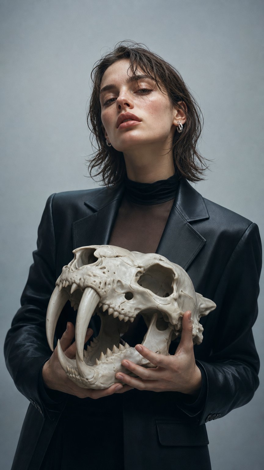 AI product shot of Sabre Tooth Tiger Skull — Realistic Smiladon Fossil, Display Quality Replica
