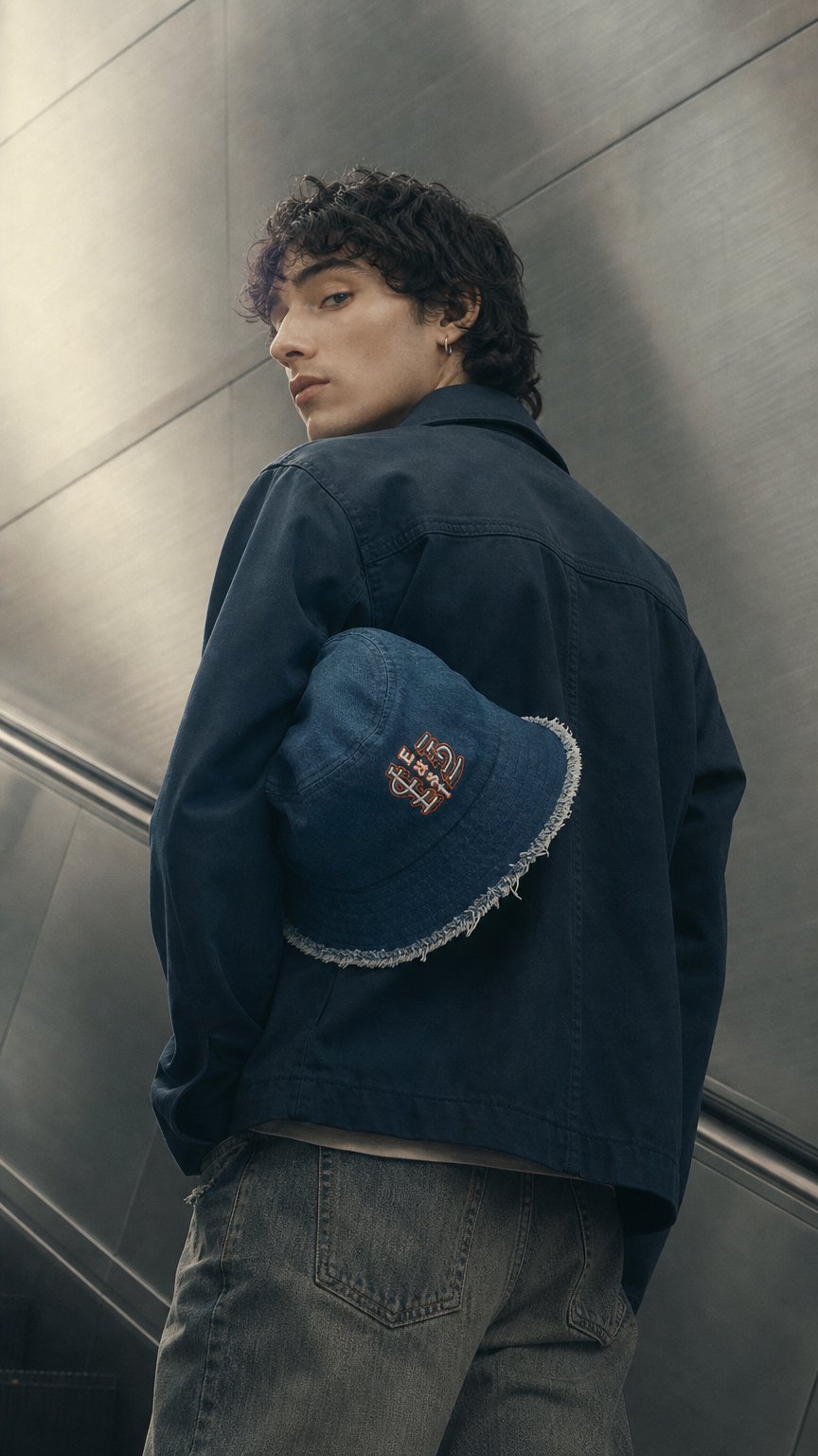 AI product shot of East Saint Distressed denim bucket hat