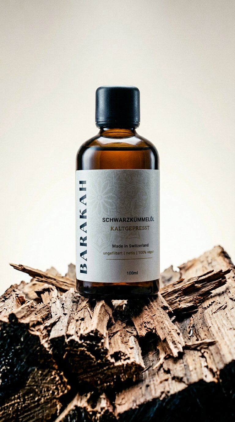 AI product shot of Schwarzkümmelöl Barakah - Swiss Made