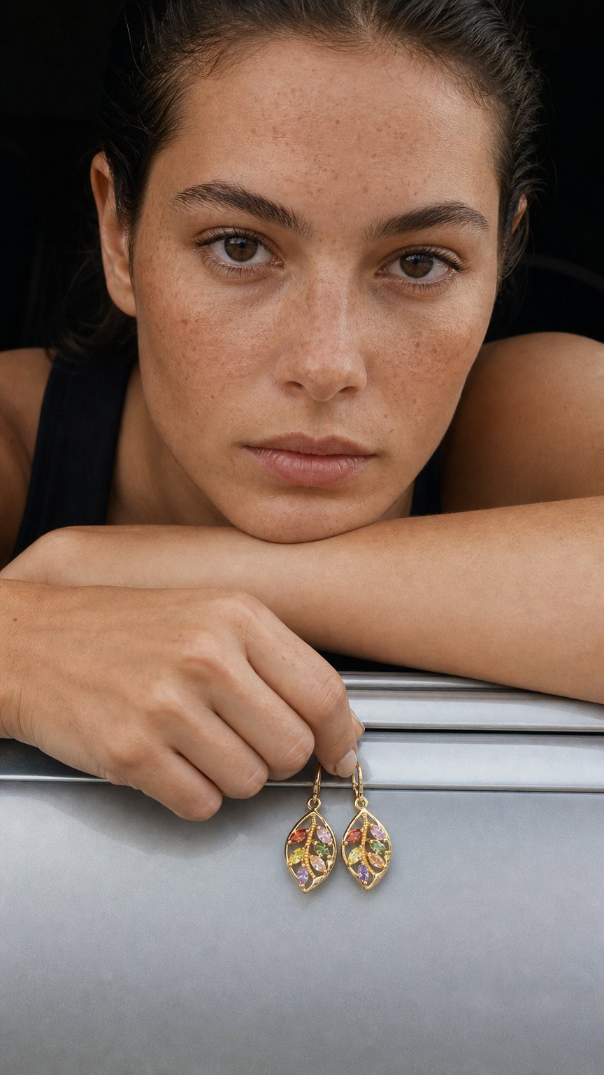AI product shot of Gold Leaf Earrings with Gemstones