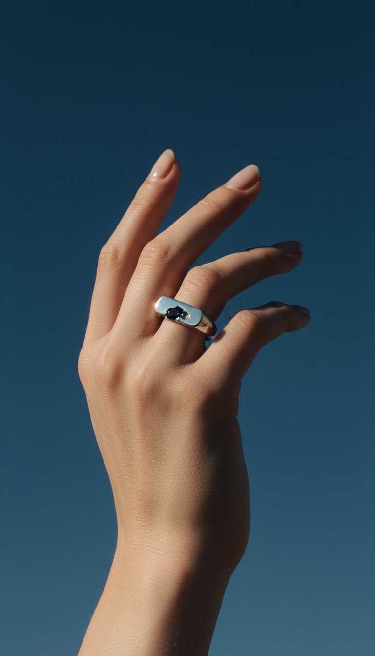 AI product shot of The Kepler – Sterling Silver with Sapphire & Moissanite – EUR 59 | US 8½