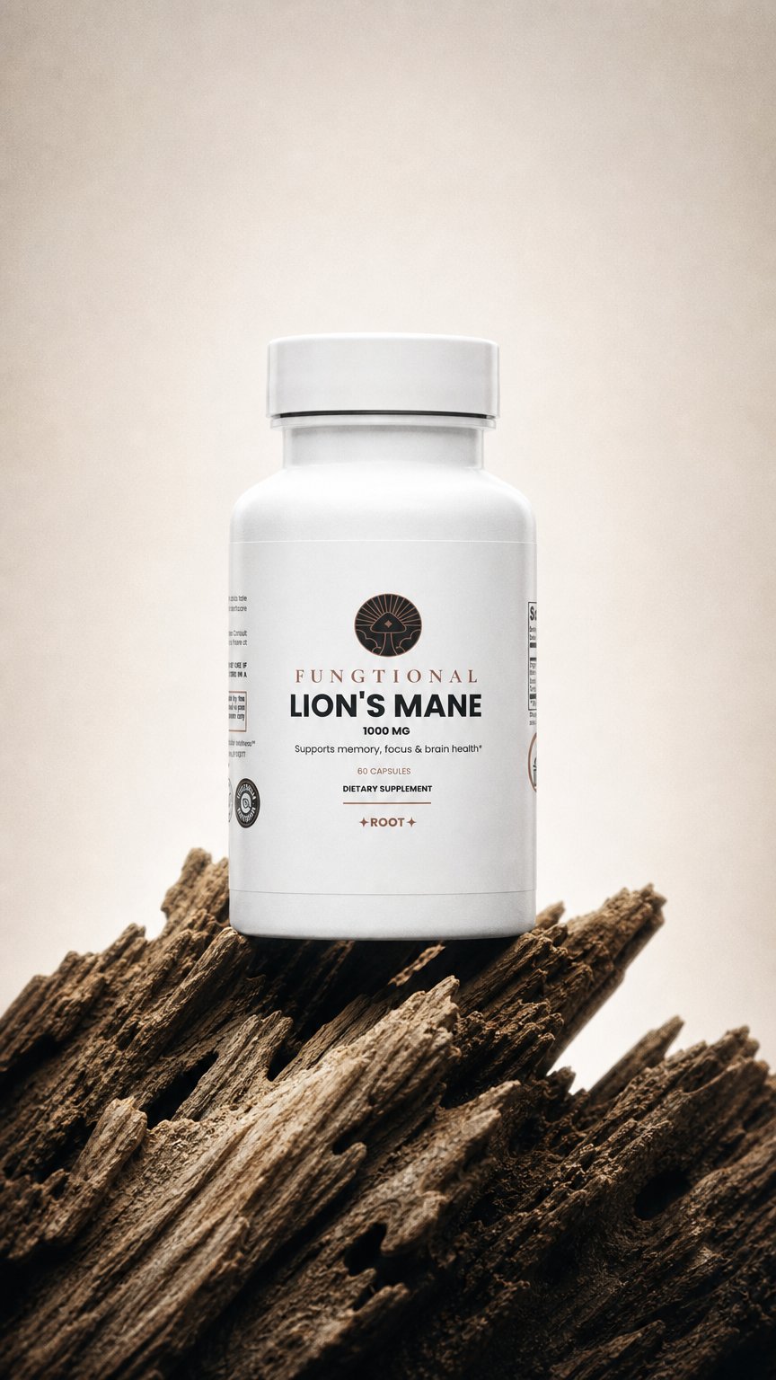 AI product shot of FUNGTIONAL Lion's Mane Capsules