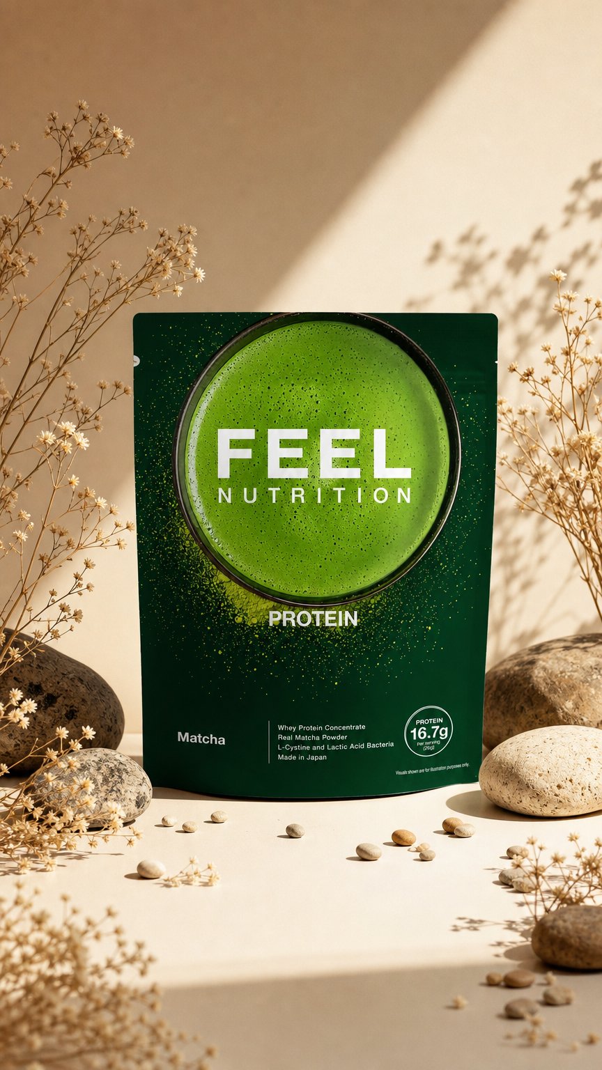 AI product shot of FEEL NUTRITION PROTEIN(抹茶)