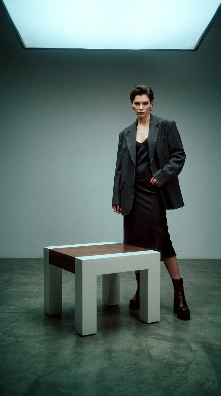 AI product shot of Nora Side Table - 550(H) X 600(W) X 580(D) - Antique Oak /high Gloss White