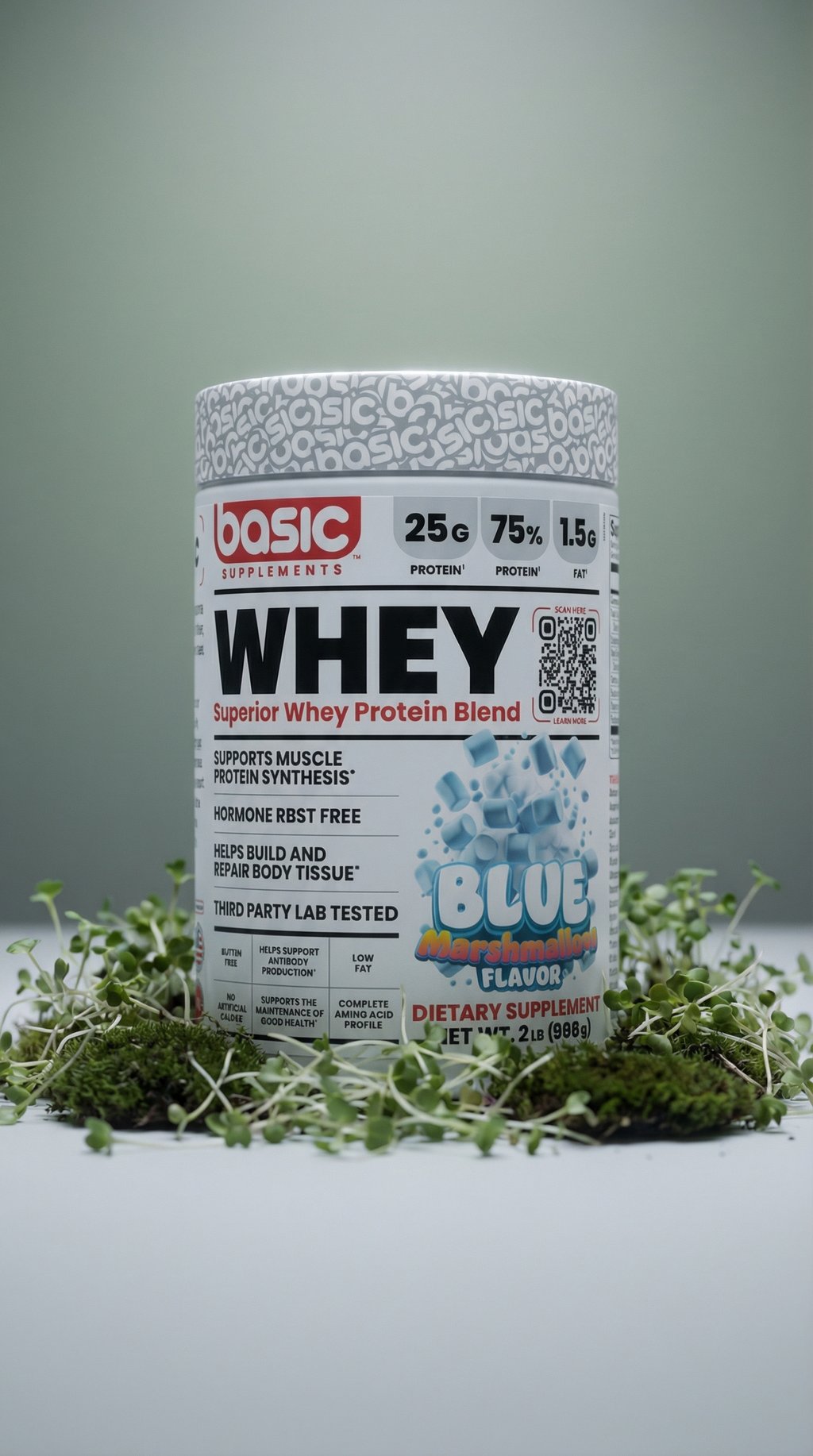 AI product shot of Blue Marshmallow Basic Whey