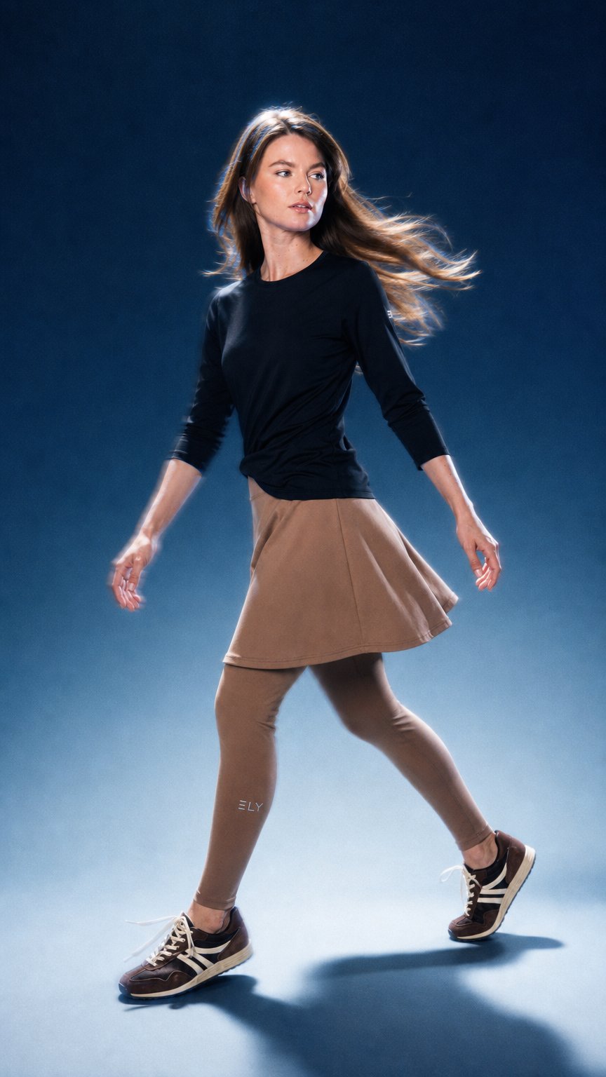 AI product shot of מכנסי חצאית LUX Motion - עם גזרה גבוהה וכיסים. אורך מעל לברך