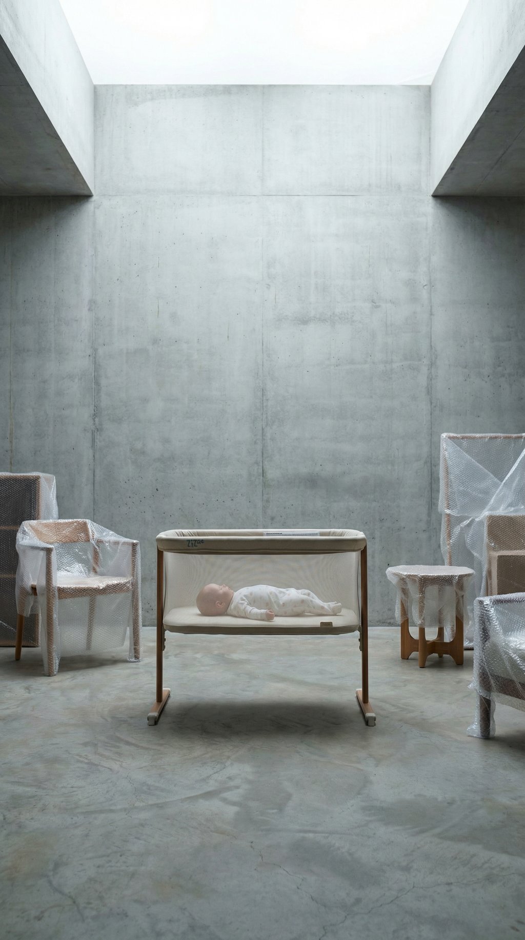 AI product shot of Zizee Bassinet in Scandi Walnut and Ecru