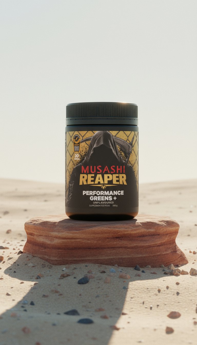 AI product shot of REAPER PERFORMANCE GREENS+ UNFLAVOURED OR FLAVOURED 300g