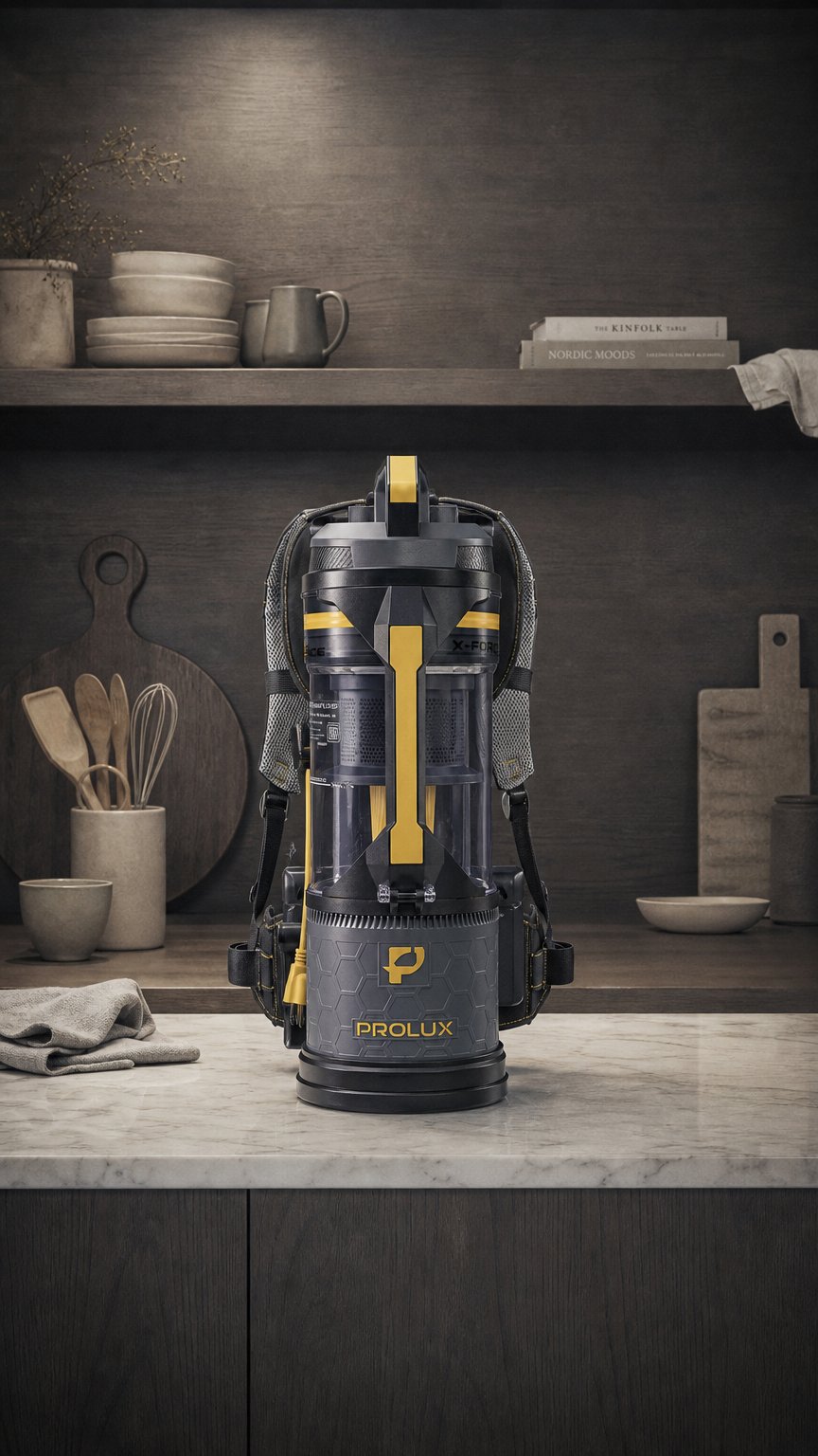 AI product shot of Prolux XForce Pro Commercial Backpack Vacuum w. 1.5 inch Attachment Kit