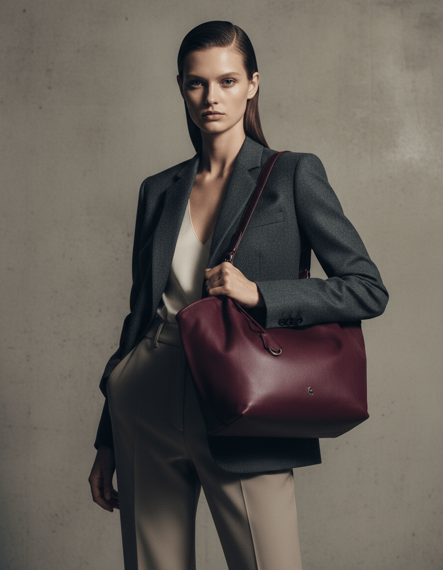 AI product shot of ADELE Borsa a spalla in pelle primo fiore con manici e tracolla regolabili