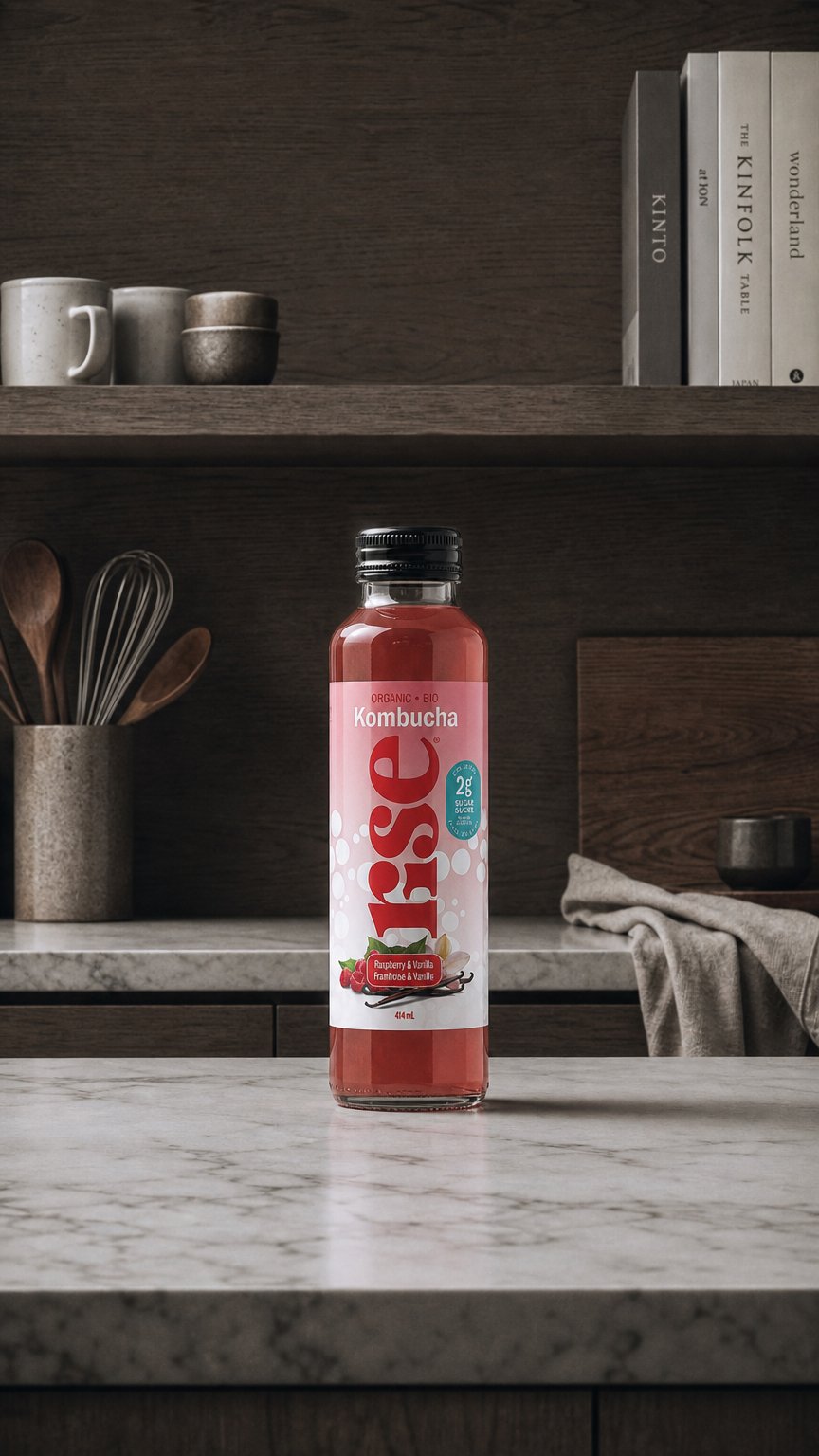 AI product shot of Raspberry & Vanilla Kombucha