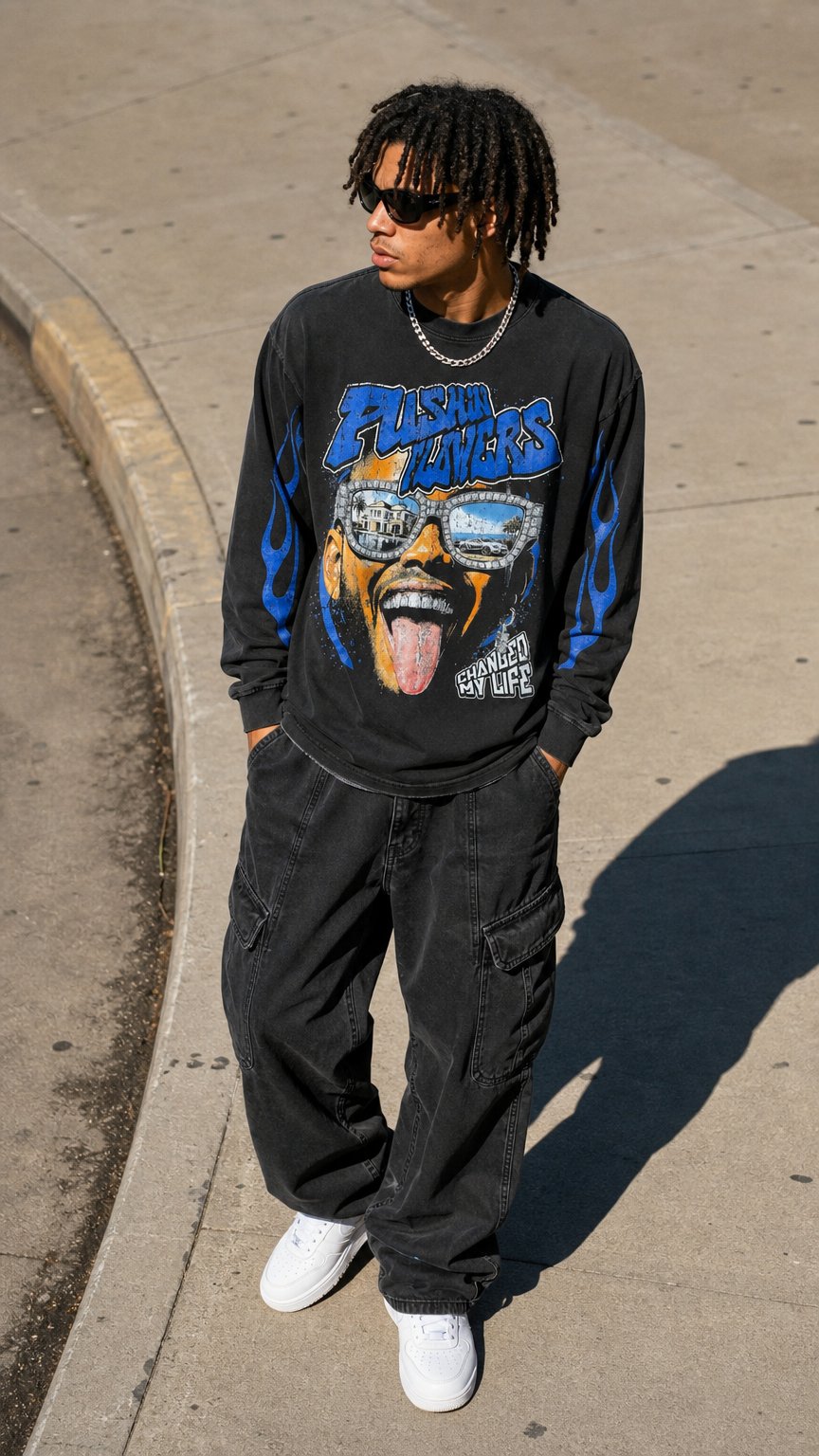 AI product shot of Pushin Flowers "The Life" Graphic Long Sleeve Shirt – PF Streetwear