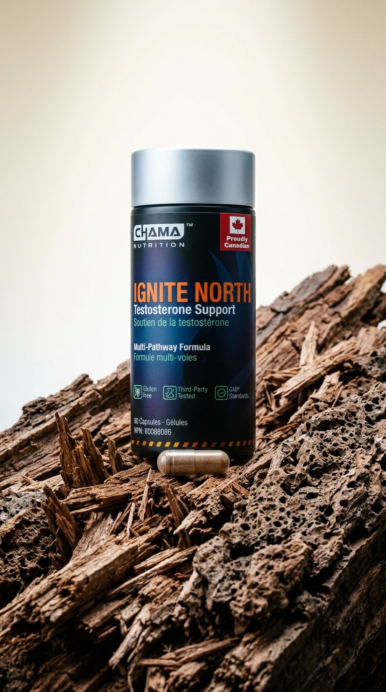 AI product shot of Ignite North Testosterone Support for Men 30+ | 600mg Tribulus, 300mg Tongkat Ali, DIM & Maca | Multi-Pathway Energy, Focus & Stamina Supplement | 90 Capsules | Made in Canada