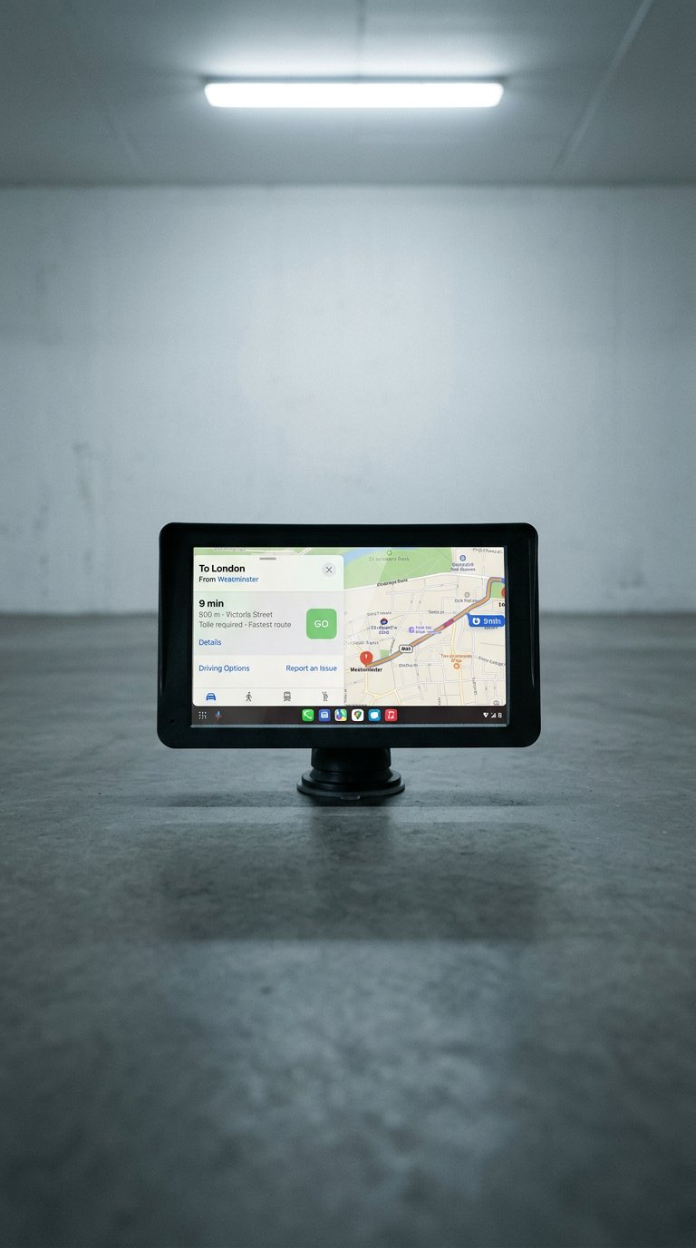 AI product shot of Portable Car Stereo Wireless CarPlay & Android Auto, Car Radio 7inches Touchscreen, Bluetooth5.0, Mirror Link, Maps Navigation, Voice Control, AUX Cable Vehicles
