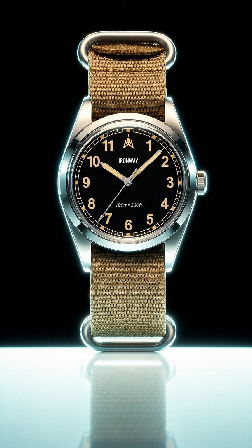 AI product shot of Ironway Field Watch 38 - 100M Water Resistant