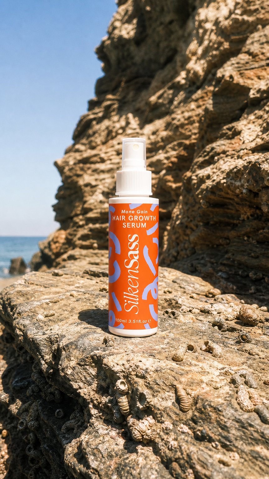 AI product shot of Silken Sass Mane Gain Regrowth Serum & Derma Scalp Roller DUO (Worth £48)