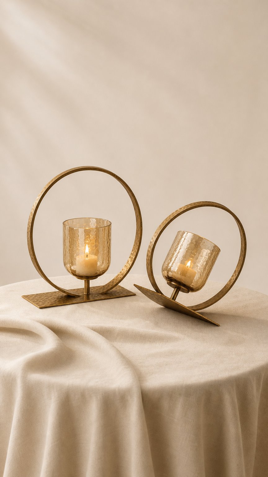 AI product shot of Sculptural Brass Votive Holder with Amber Cup