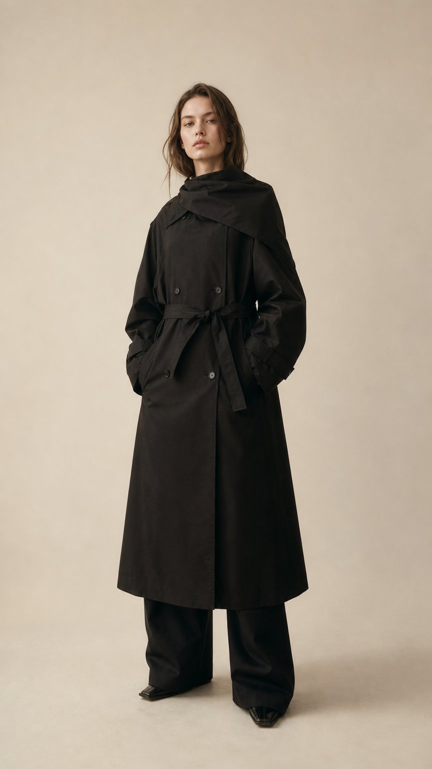 AI product shot of SCARF SET TRENCH COAT_BLACK