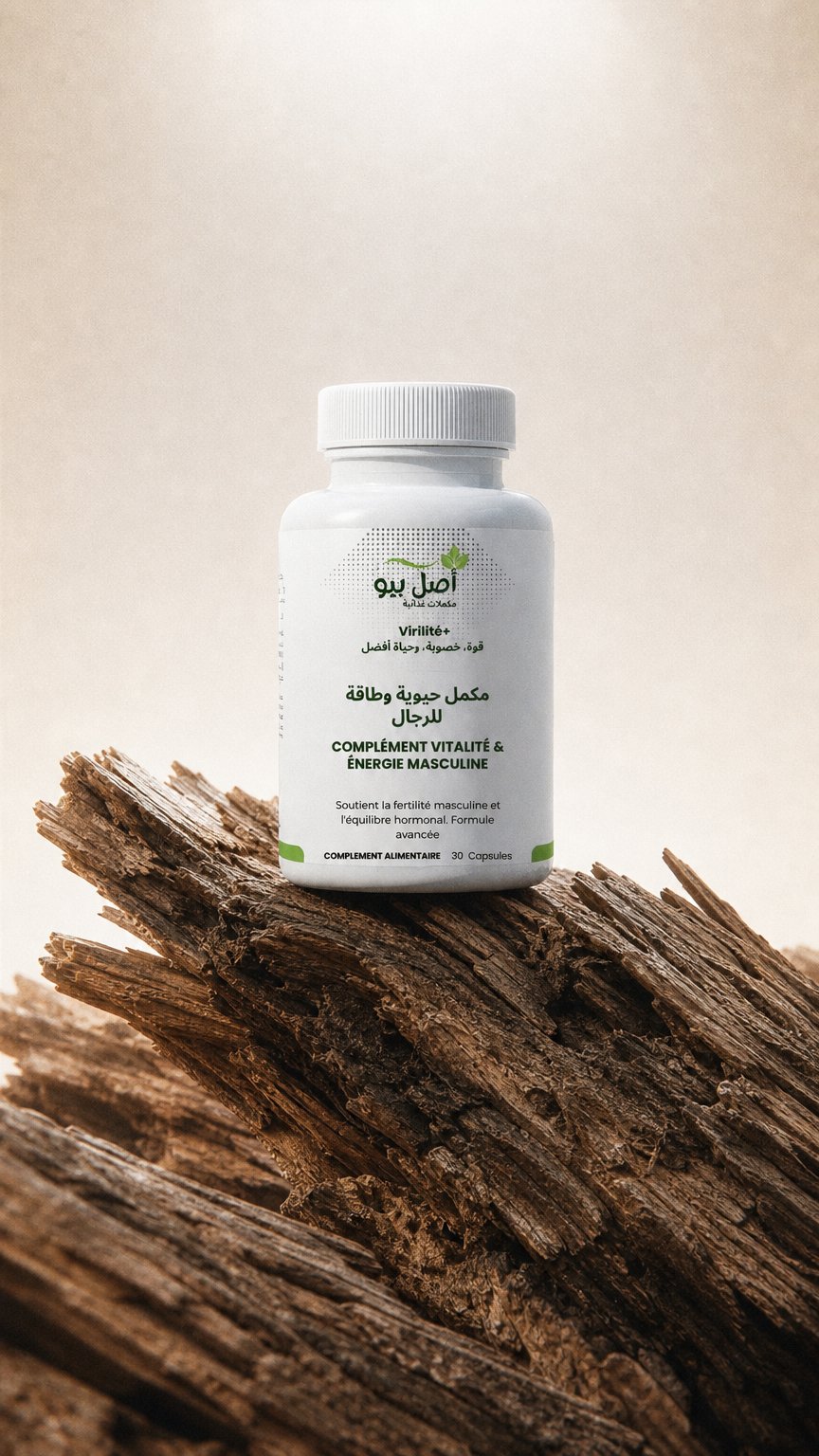 AI product shot of Virilité+ – Complément Vitalité brillant pour l’énergie masculine – 30 Capsules