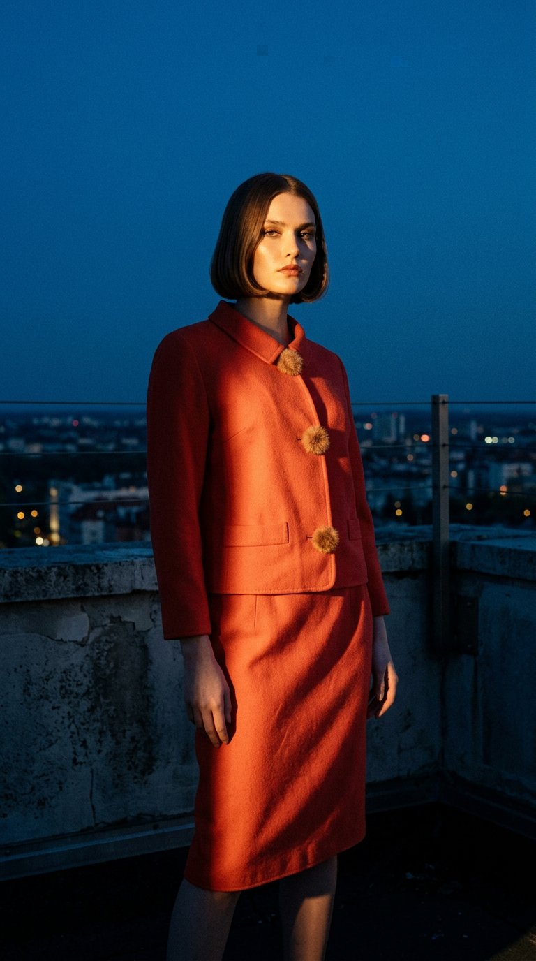 AI product shot of Dior Cashmere skirt suit Coral