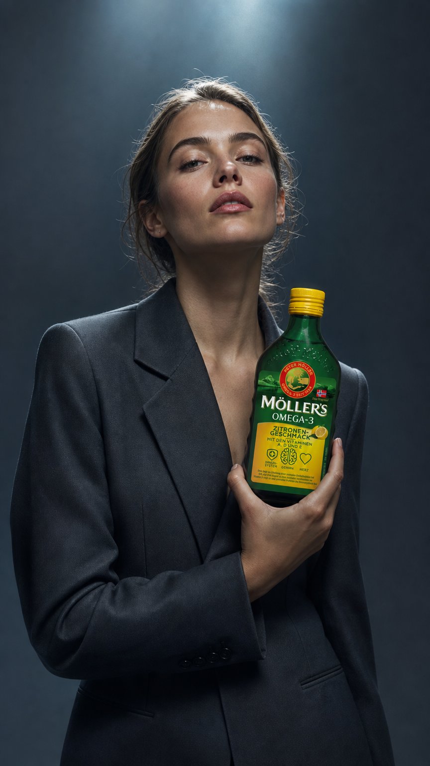AI product shot of Möller’s Omega-3 Zitrone – Wertvolle Nährstoffe