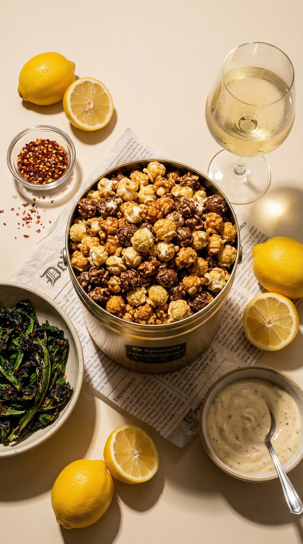 AI product shot of 3 Flavor Popcorn Tin – 6.5 Gallon