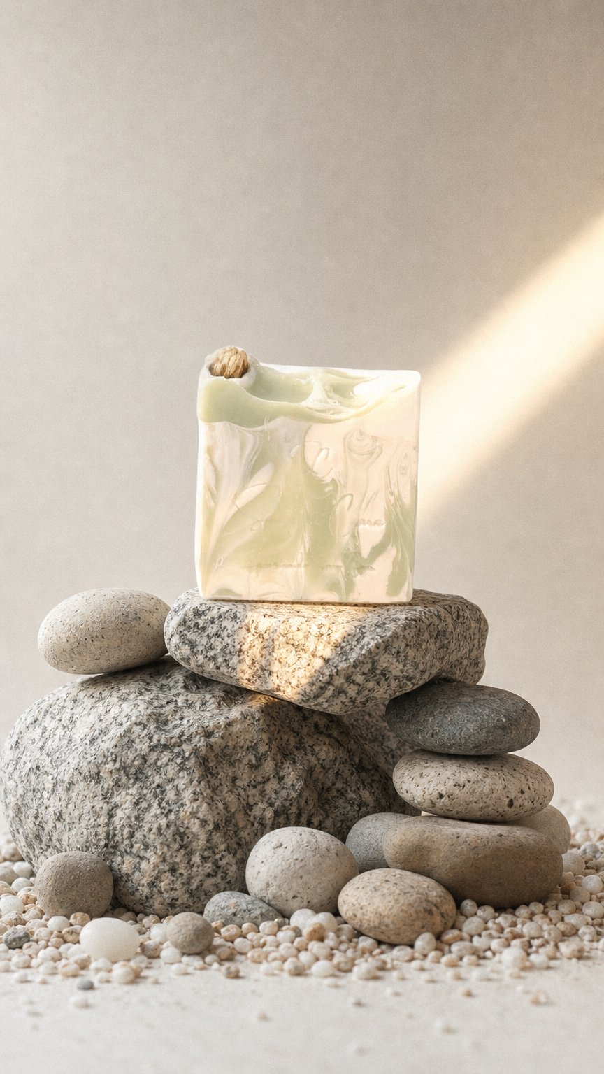 AI product shot of Bamboo Jasmine Serenade Handmade Soap – Floral Shea Butter Botanical Bar