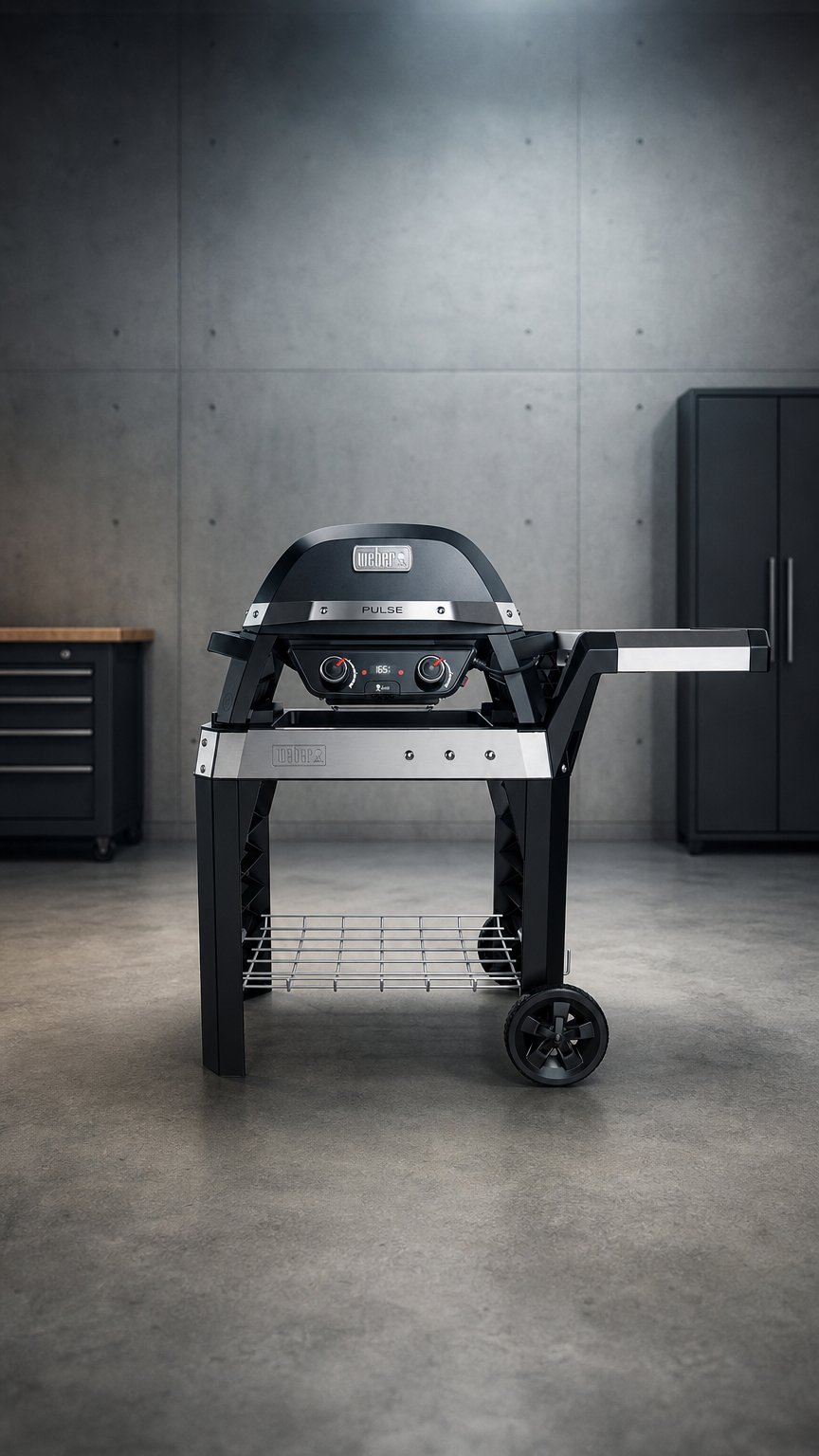 AI product shot of Weber PULSE 2000 met onderstel en hoes