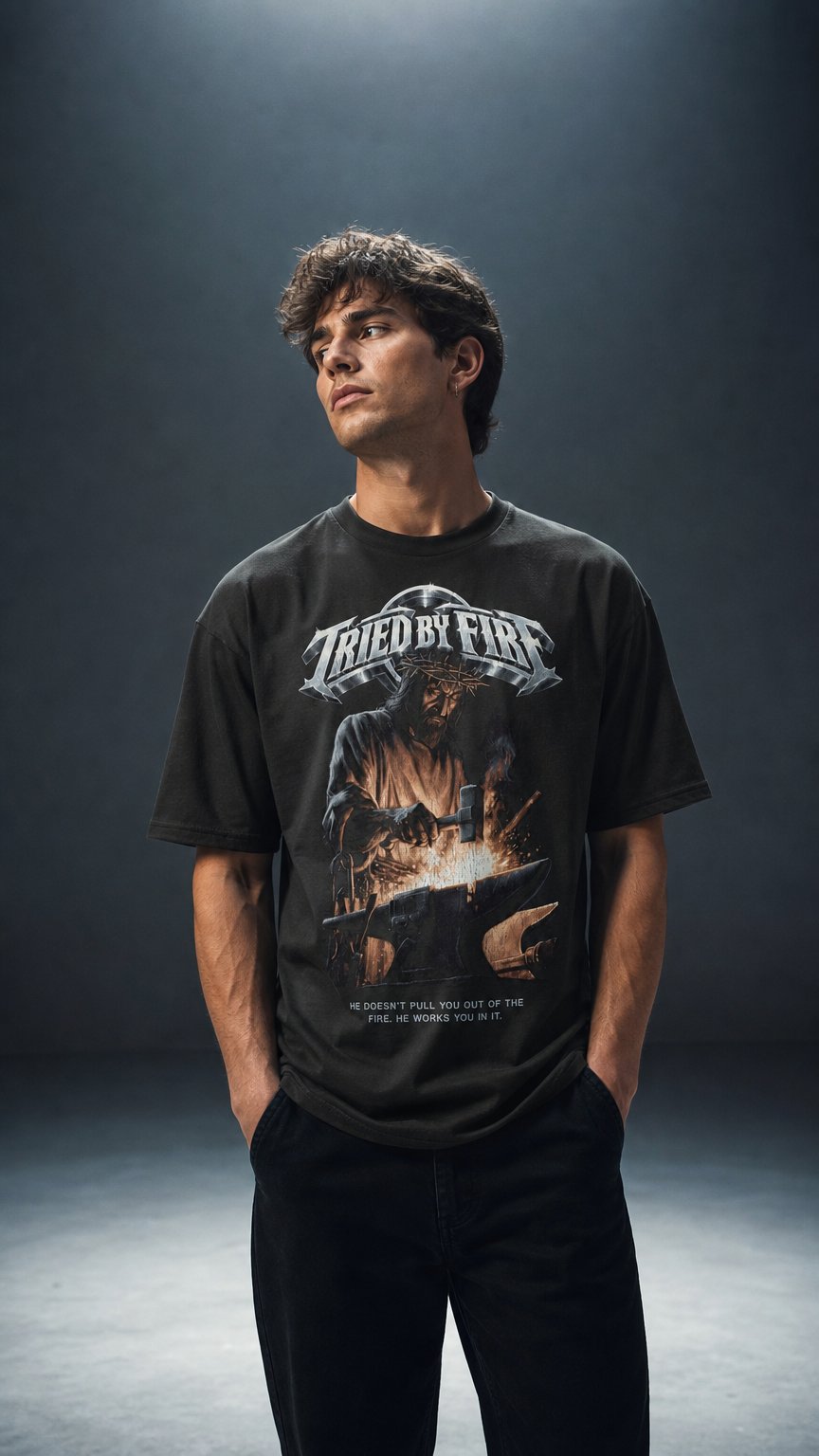 AI product shot of Tried by Fire Tee