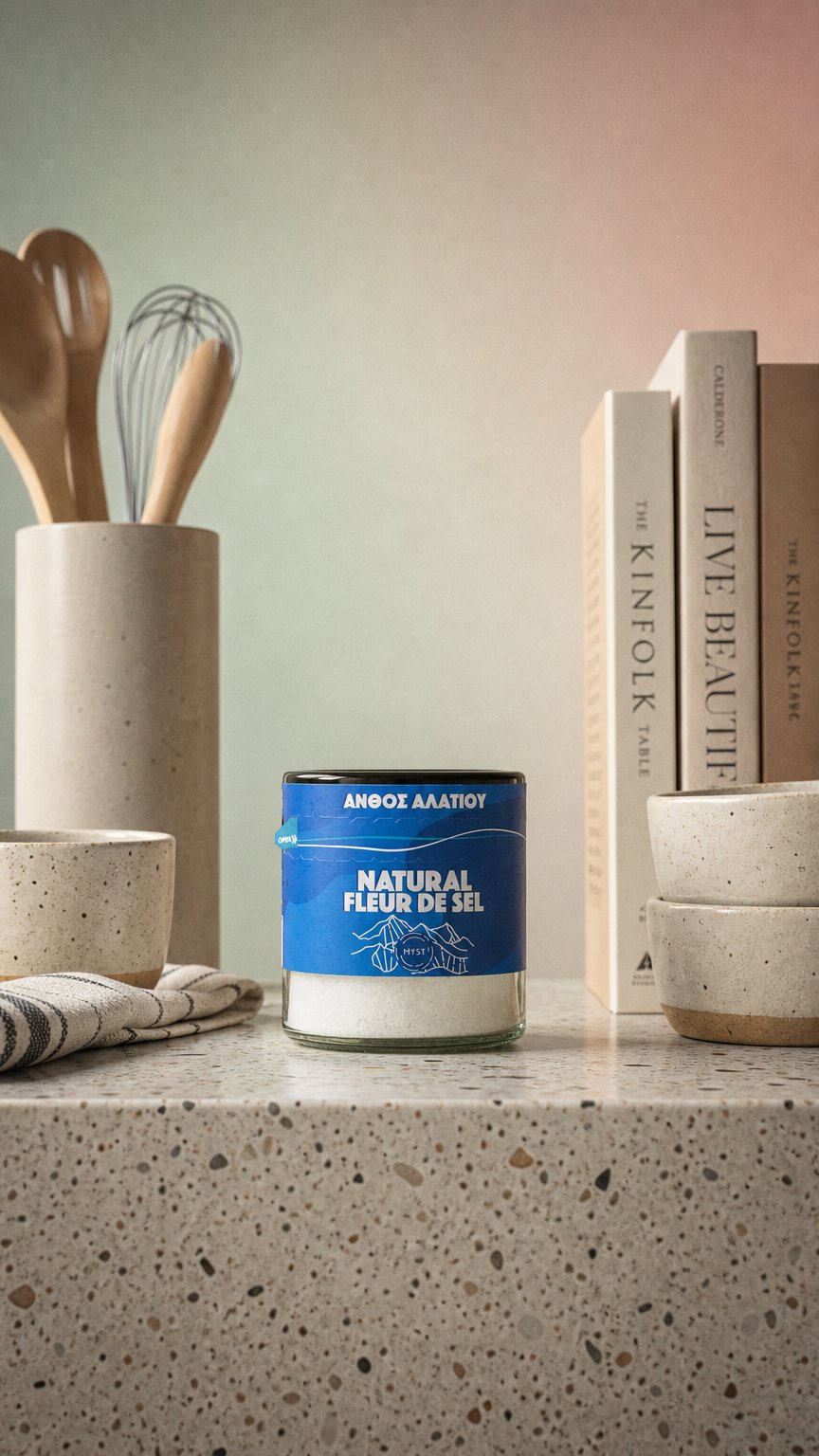 AI product shot of Premium Fleur De Sel Greek Sea Salt Blossom 200g