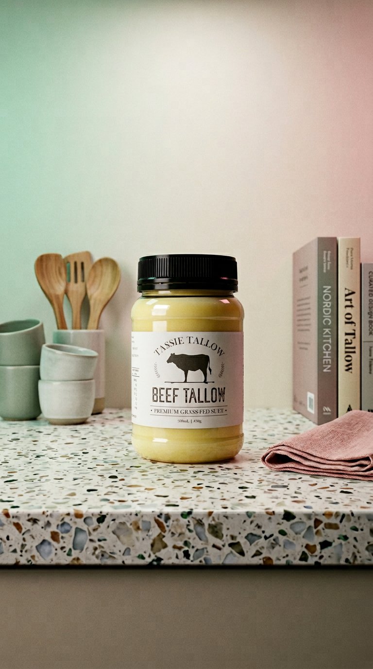 AI product shot of Beef Tallow | Tasmanian Grass-Fed | 500mL PET Jar