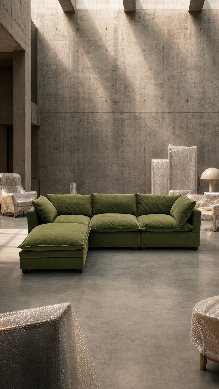 AI product shot of Olive Green Velvet Cloud Sova Sectional