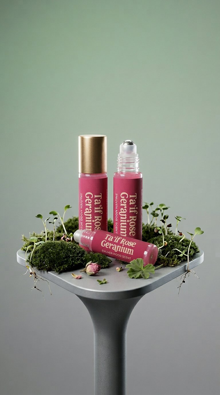 AI product shot of Enliven Taif Rose Geranium Mood Scent (Dramatically Divine Floral)