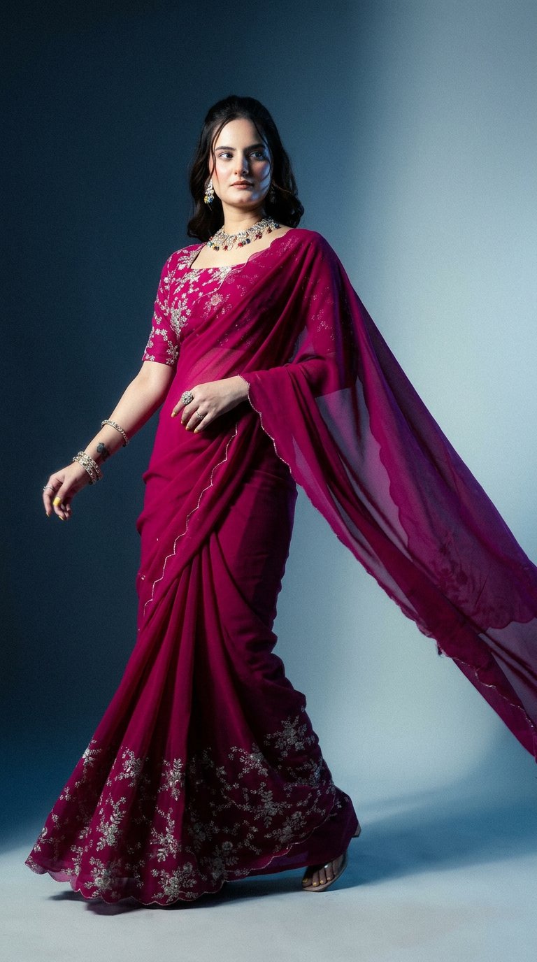 AI product shot of K 5 FASHION एम्ब्रॉइडरेड बॉलीवुड जोर्जेट साड़ी (गुलाबी)