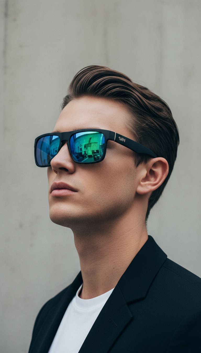 AI product shot of Peccant Rubber Raven - Blue Green Flash Sunglasses