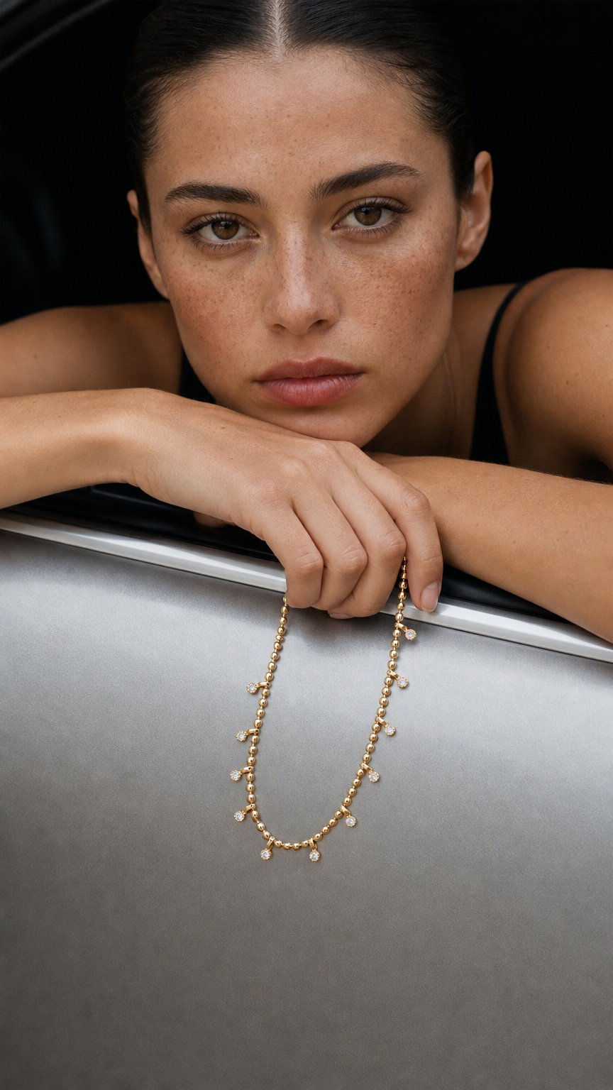 AI product shot of 14k Yellow Gold Bead Diamond Chain Necklace
