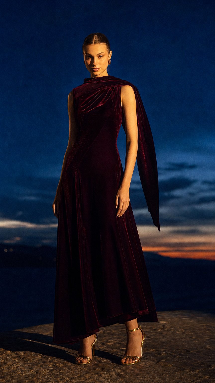 AI product shot of Burgundy Draped Velvet Midi Dress with Back Scarf