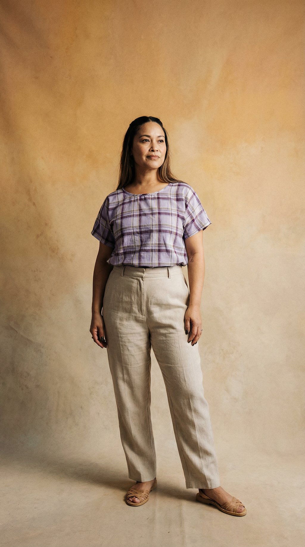 AI product shot of Japanese Check Tee Top - Lilac