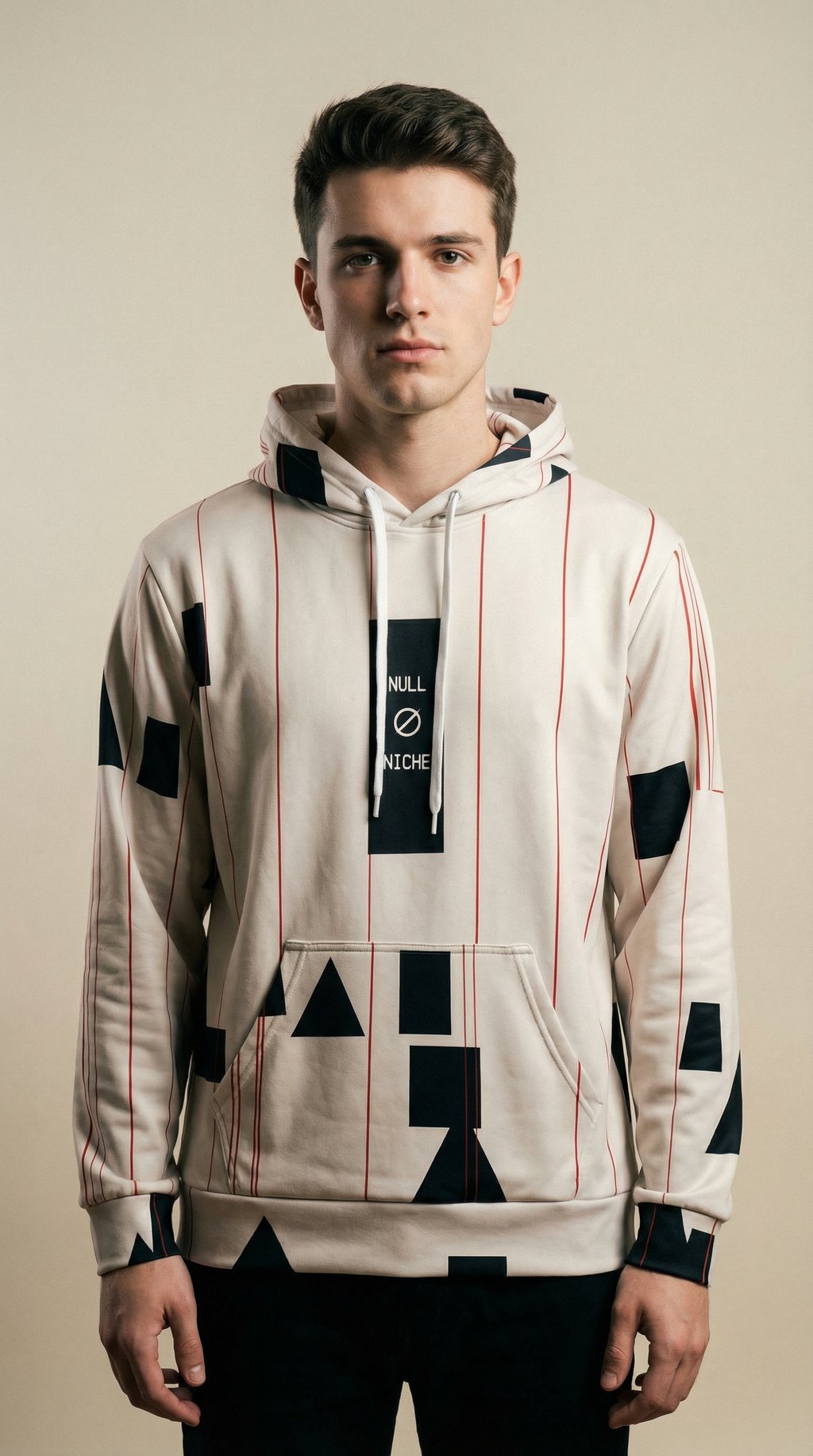 AI product shot of Architect of Dreams Hoodie — Sacred Geometry in Crimson & Cream