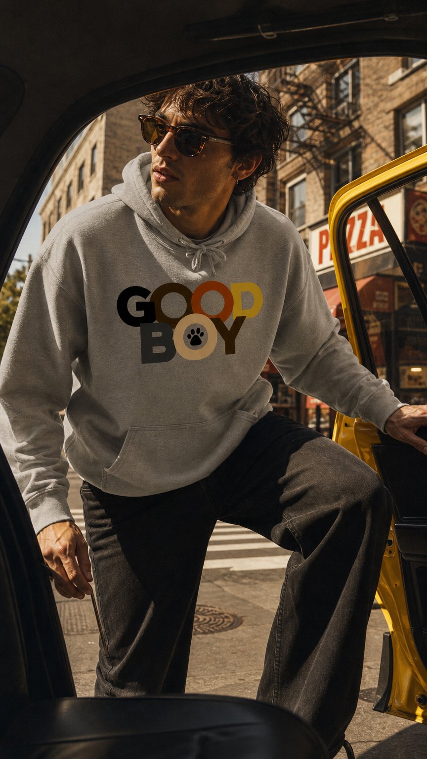 AI product shot of Good Boy Hoodie