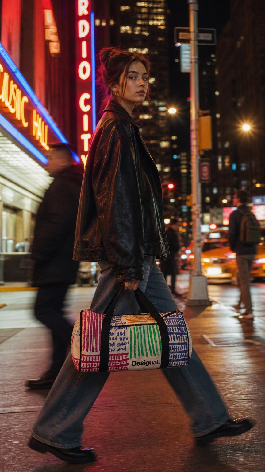 AI product shot of Desigual treningsbag / weekendbag i bomull, fargerik, med sidelommer 55x46x25