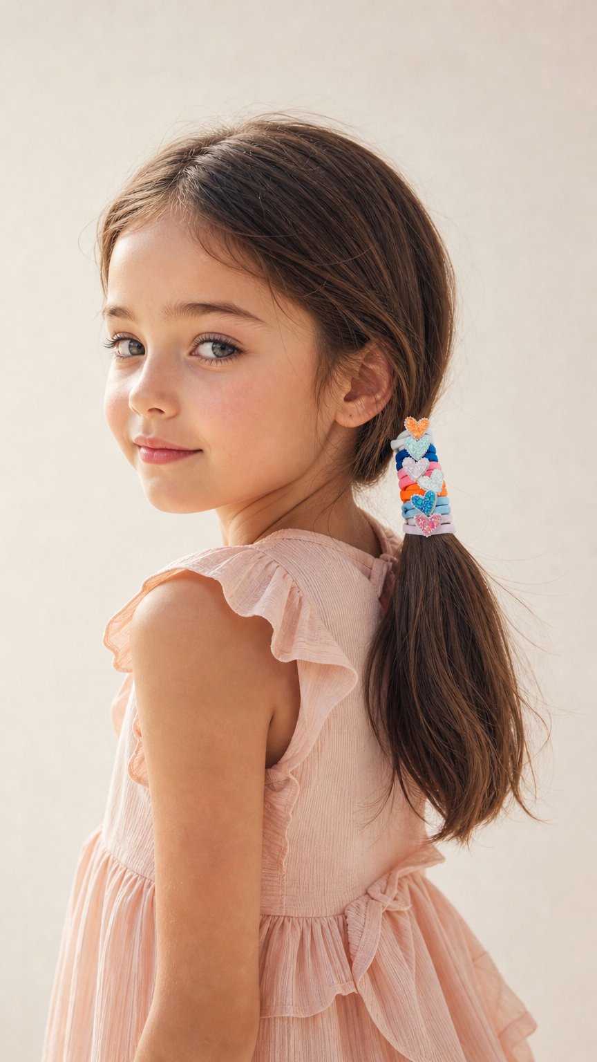 AI product shot of Rainbow Glitter Heart Hair Tie Set